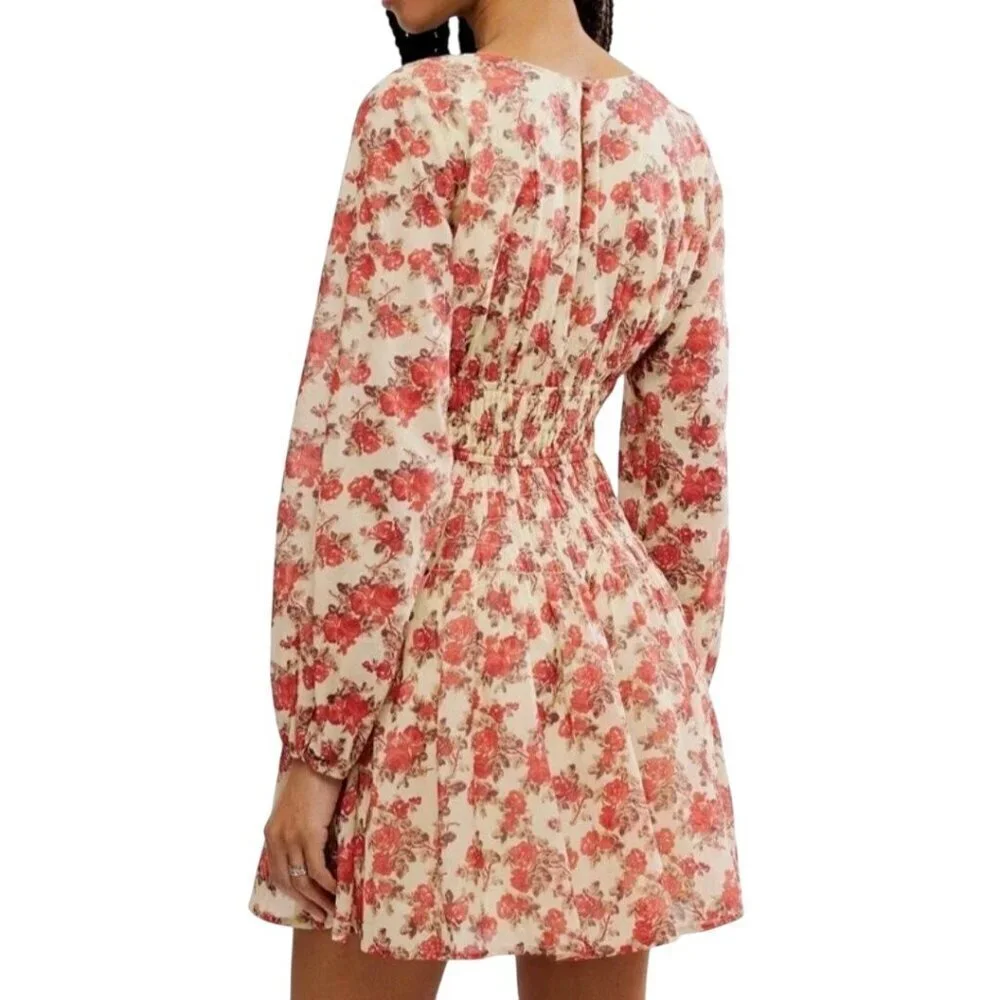 Free People Keep You Smocked Mini Dress Long Balloon Sleeve V Neck Size M